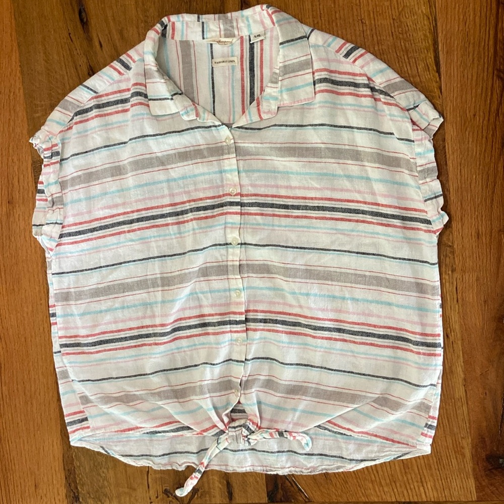 Weatherproof Vintage Washable Linen Striped Linen Blend Shirt, Tie at Waist, Lrg